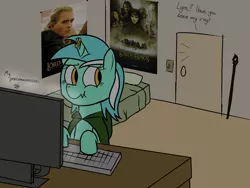 Size: 1600x1200 | Tagged: artist:porkboy, bed, bedroom, computer, derpibooru import, dialogue, door, keyboard, lord of the rings, lyra heartstrings, poster, ring, safe, scrunchy face, the one ring