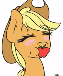 Size: 1067x1280 | Tagged: apple, applejack, artist:wiggabuysomeapples, bust, derpibooru import, eyes closed, mouth hold, obligatory apple, safe, simple background, solo