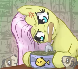 Size: 673x600 | Tagged: angry, animal, artist:239asd, can, can opener, derpibooru import, feeding, ferret, fluttershy, mouth hold, safe, slice of life, tuna, working