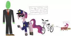 Size: 1175x600 | Tagged: artist:elslowmo, bicycle, clothes, derpibooru import, dialogue, /mlp/, oc, oc:anon, oc:gloomy, oc:marker pony, police, riding, safe, shitposting, uniform, unofficial characters only, vulgar, wagon