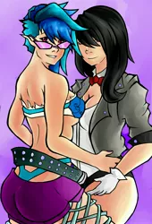 Size: 3200x4700 | Tagged: artist:checkerboardazn, bowtie, breasts, busty octavia, busty vinyl scratch, cleavage, clothes, derpibooru import, duo, duo female, elf ears, female, hair over eyes, human, humanized, light skin, octavia melody, panties, sideboob, suggestive, sunglasses, thong, underwear, vinyl scratch