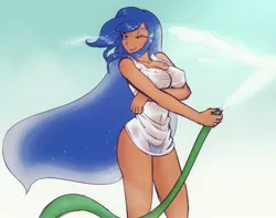 Size: 1024x806 | Tagged: artist:scorpdk, breast hold, breasts, busty princess luna, clothes, derpibooru import, erect nipples, female, hose, human, humanized, nipple outline, panties, princess luna, see-through, solo, solo female, suggestive, underwear, water, wet, wet shirt