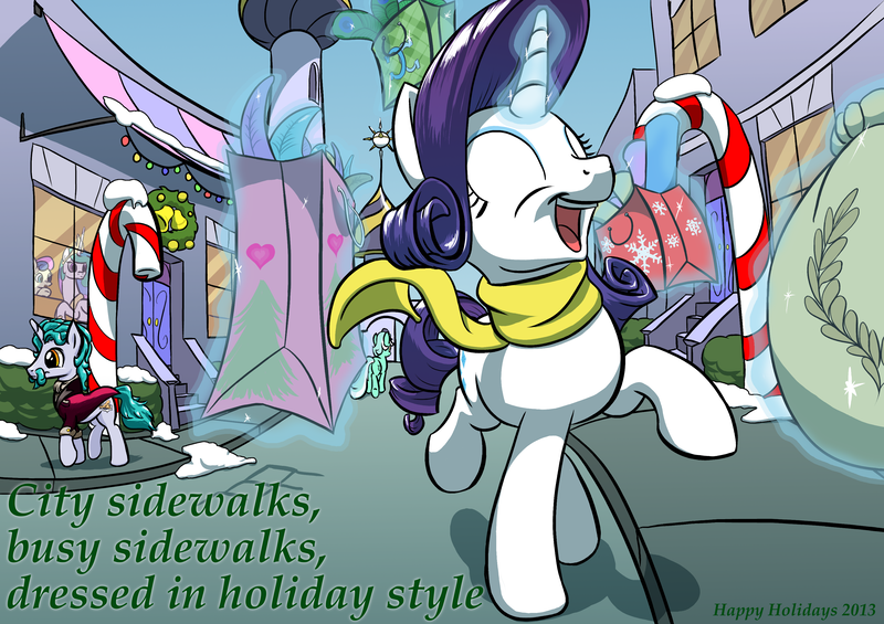 Size: 3400x2400 | Tagged: safe, artist:nadnerbd, derpibooru import, bon bon, lyra heartstrings, princess celestia, rarity, sweetie drops, alicorn, earth pony, pony, unicorn, christmas, clothes, eyes closed, female, magic, male, mare, scarf, shopping, snow, stallion, window