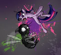 Size: 1280x1161 | Tagged: semi-grimdark, artist:mindkog, derpibooru import, twilight sparkle, changeling, pony, unicorn, broken horn, female, fight, mare, teeth