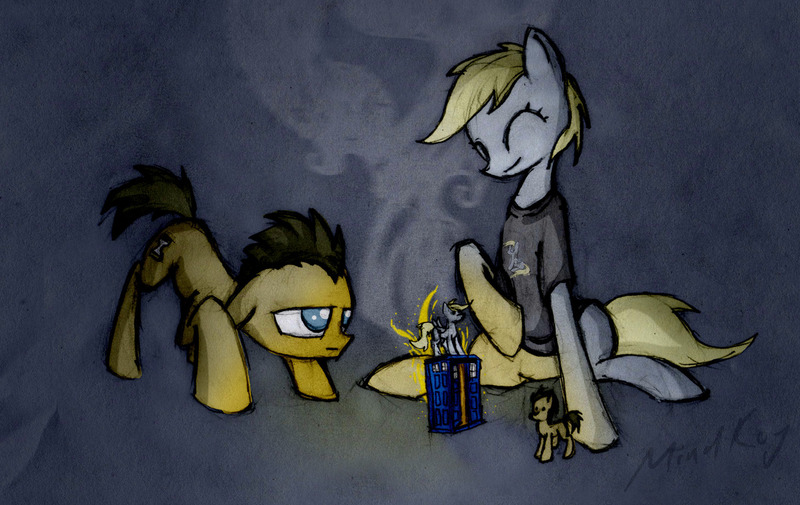 Size: 1280x808 | Tagged: safe, artist:mindkog, derpibooru import, derpy hooves, doctor whooves, time turner, pegasus, pony, clothes, doctor who, female, fire, mare, t-shirt, tardis, toy