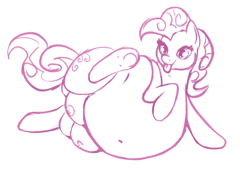 Size: 1688x1200 | Tagged: questionable, artist:cookie, derpibooru import, pinkie pie, bedroom eyes, belly button, crotchboobs, fat, female, lineart, monochrome, morbidly obese, nipples, nudity, obese, piggy pie, pudgy pie, side, solo, solo female, squishy, tongue out, underhoof, wide hips