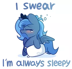 Size: 1000x950 | Tagged: dead source, safe, artist:lifeloser, derpibooru import, princess luna, alicorn, pony, blushing, cute, eyes closed, female, filly, lunabetes, open mouth, pillow, s1 luna, sleepy, solo, woona