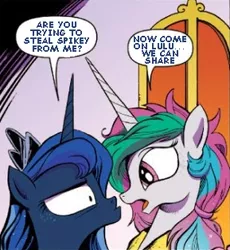 Size: 289x314 | Tagged: artist:andypriceart, comic, derpibooru import, edit, eye contact, female, glare, idw, male, messy mane, open mouth, princess celestia, princess luna, safe, shipping, spike gets all the mares, spikelestia, spilulestia, spiluna, straight, text edit, wide eyes