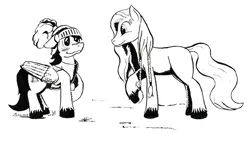 Size: 629x358 | Tagged: safe, artist:darkhestur, derpibooru import, oc, oc:sigrid, unofficial characters only, earth pony, pegasus, pony, black and white, braid, fantasy class, female, grayscale, helmet, knight, male, mare, monochrome, norse pony, shipping, simple background, stallion, warrior, white background