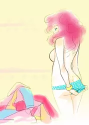 Size: 586x822 | Tagged: artist:aquafeles, ass, breasts, butt, clothes, derpibooru import, female, human, humanized, light skin, nudity, panties, pile, pinkie pie, sideboob, solo, solo female, suggestive, topless, underwear, wedgie