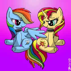 Size: 432x432 | Tagged: safe, artist:justart101, derpibooru import, rainbow dash, sunset shimmer, pegasus, pony, unicorn, collar, female, gradient background, hair over one eye, lesbian, looking at each other, shipping, sitting, smiling, sunsetdash