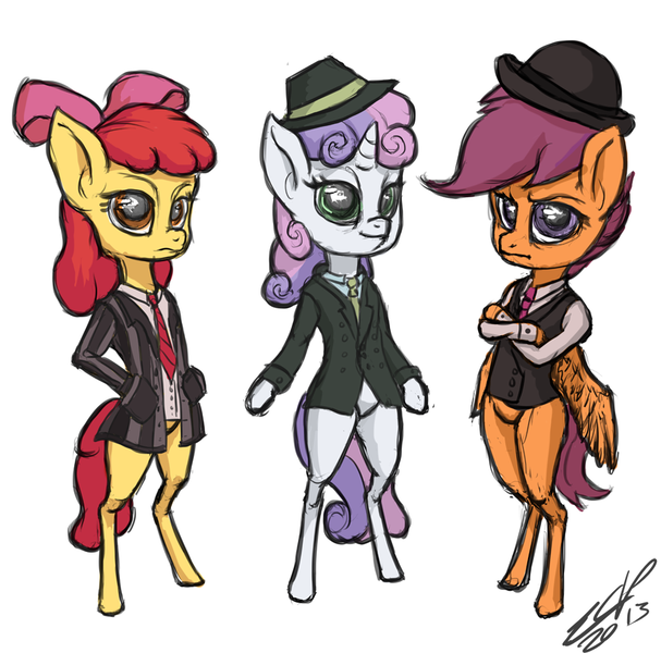 Size: 900x890 | Tagged: safe, artist:assasinmonkey, derpibooru import, apple bloom, scootaloo, sweetie belle, pony, semi-anthro, bipedal, clothes, cutie mark crusaders, jacket, necktie, suit