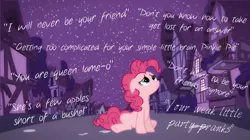 Size: 1280x719 | Tagged: artist:derp1a, artist needed, broken, derpibooru import, disembodied thoughts, insult, pinkie pie, put-down, sad, safe, solo