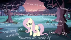 Size: 1600x900 | Tagged: artist:derp1a, broken, derpibooru import, disembodied thoughts, dragonshy, fluttershy, hurricane fluttershy, insult, sad, safe, solo