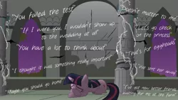 Size: 900x506 | Tagged: artist:derp1a, broken, derpibooru import, disembodied thoughts, insult, sad, safe, solo, twilight sparkle