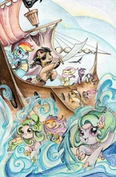 Size: 655x1000 | Tagged: applejack, artist:sararichard, bicorne, captain hoofbeard, cover, derpibooru import, fluttershy, hat, idw, merpony, painting, pinkie pie, pirate, rainbow dash, rarity, safe, sea pony, ship, twilight sparkle, water