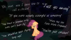 Size: 1024x572 | Tagged: artist:derp1a, derpibooru import, disembodied thoughts, flight to the finish, sad, safe, scootabuse, scootalone, scootaloo, season 4, solo