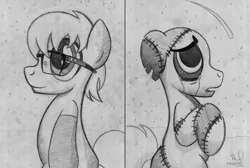 Size: 4821x3240 | Tagged: semi-grimdark, artist:drawponies, derpibooru import, oc, unofficial characters only, earth pony, pony, black socks, clothes, glasses, monochrome, patchwork, sad, sketch, socks, stitches, traditional art