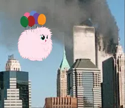 Size: 651x566 | Tagged: 9/11, balloon, building, derpibooru import, edit, empire state building, exploitable meme, floating, forced meme, irl, meme, oc, oc:fluffle puff, photo, ponies in real life, semi-grimdark, smoke, solo, totally uncool, tower, towers, unofficial characters only