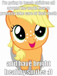 Size: 1936x2581 | Tagged: applejack, cute, dentist, derpibooru import, female, filly, filly applejack, image macro, jackabetes, safe, solo, younger