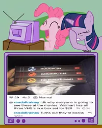 Size: 600x750 | Tagged: safe, derpibooru import, pinkie pie, twilight sparkle, twilight sparkle (alicorn), alicorn, pony, book, catching fire, epic fail, exploitable meme, fail, female, mare, meme, mockingjay, obligatory pony, oops, the hunger games, tv meme, vhs