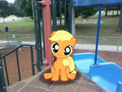 Size: 2592x1944 | Tagged: applejack, artist:anevilzebra, artist:tokkazutara1164, bench, derpibooru import, filly, irl, looking at you, photo, playground, ponies in real life, safe, shadow, sitting, slide, solo, tree, vector