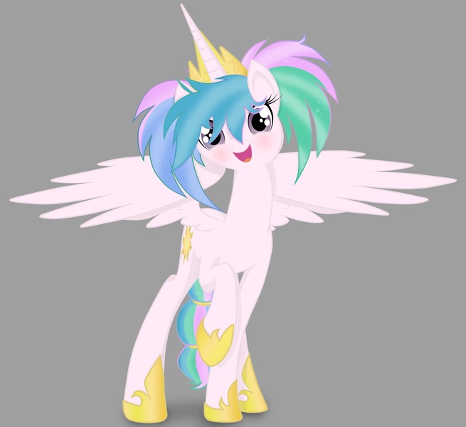 Size: 4130x3782 | Tagged: dead source, source needed, safe, artist:artknorke, derpibooru import, princess celestia, alicorn, pony, alternate hairstyle, cute, cutelestia, female, looking at you, messy mane, open mouth, pigtails, solo