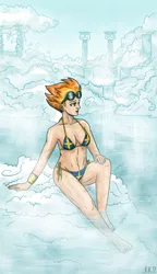 Size: 866x1500 | Tagged: abs, artist:king-kakapo, belly button, bikini, breasts, busty spitfire, clothes, cloud, cloudy, derpibooru import, female, goggles, human, humanized, light skin, solo, solo female, spitfire, suggestive, sweden, swimsuit, water