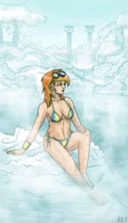 Size: 866x1500 | Tagged: abs, alternate hairstyle, artist:king-kakapo, belly button, bikini, breasts, busty spitfire, clothes, cloud, cloudy, derpibooru import, female, goggles, human, humanized, light skin, solo, solo female, spitfire, suggestive, swimsuit, water