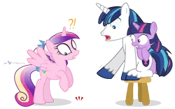 Size: 1000x625 | Tagged: artist:dm29, cute, derpibooru import, exclamation point, filly, gritted teeth, interrobang, julian yeo is trying to murder us, pointing, princess cadance, question mark, rearing, safe, scared, shining armor, shivering, signature, simple background, spread wings, stool, the floor is lava, transparent background, trio, twilight sparkle, wide eyes