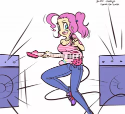 Size: 1280x1164 | Tagged: 30 minute art challenge, artist:garam, breast rest, clothes, guitar, human, humanized, musical instrument, pants, pinkie pie, safe, shoes, sneakers, speakers