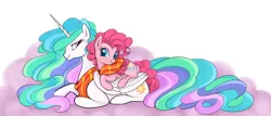 Size: 1280x548 | Tagged: artist:mn27, clothes, cute, cutelestia, derpibooru import, diapinkes, female, lesbian, pinkielestia, pinkie pie, ponies riding ponies, princess celestia, prone, safe, scarf, shared clothing, shared scarf, shipping