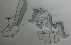 Size: 1118x712 | Tagged: safe, artist:lockerobster, derpibooru import, oc, oc:safe haven, unofficial characters only, pony, female, mare, missing leg, monochrome, solo, traditional art