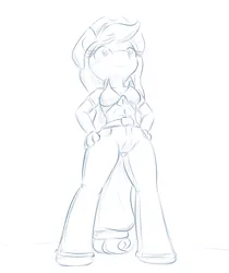 Size: 790x942 | Tagged: abs, anthro, applejack, artist:alasou, belly button, clothes, derpibooru import, front knot midriff, grayscale, midriff, monochrome, pants, safe, solo, unguligrade anthro