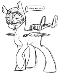 Size: 800x1000 | Tagged: safe, artist:scherzo, derpibooru import, oc, unofficial characters only, original species, plane pony, pony, a-10 thunderbolt ii, a-10c, male, monochrome, plane, rule 63, solo, stallion