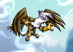 Size: 1754x1240 | Tagged: safe, artist:rambopvp, derpibooru import, gilda, gryphon, claws, cloud, cloudy, fighting stance, fluffy, flying, glare, gritted teeth, sharp, solo, spread wings