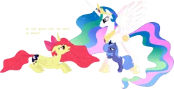 Size: 7202x3723 | Tagged: safe, artist:magical7, derpibooru import, apple bloom, princess celestia, princess luna, alicorn, earth pony, pony, alicornified, angry, bloomicorn, ethereal mane, filly, leg hug, prone, race swap, role reversal, s1 luna, simple background, swapped cutie marks, transparent background, woona