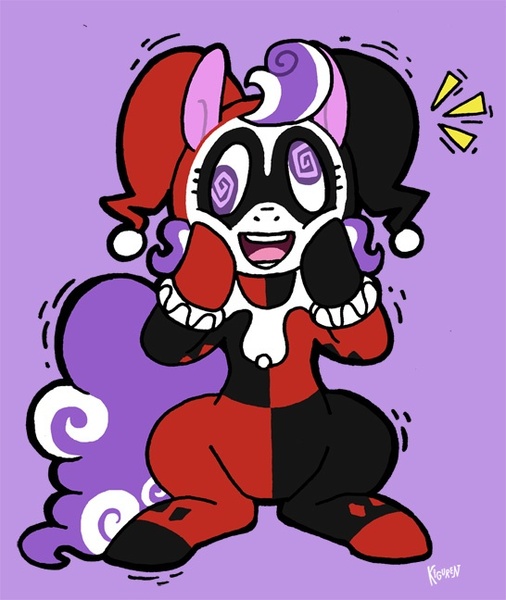 Size: 546x648 | Tagged: safe, artist:kiguren, derpibooru import, screwball, :d, batman, clothes, costume, crossover, dc comics, derp, harley quinn, open mouth, parody, shivering, sitting, smiling, solo, squishy cheeks, swirly eyes