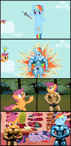 Size: 900x1830 | Tagged: artist:howdogz, comic, derpibooru import, muscles, quality, rainbow dash, rainbuff dash, scootaloo, semi-grimdark, steroids, strongaloo, twilight sparkle, twilybuse, wat