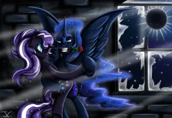 Size: 1250x855 | Tagged: safe, artist:jamescorck, derpibooru import, nightmare moon, nightmare rarity, pony, bedroom eyes, bipedal, dance of the nightmares, dancing, duality, eclipse, grin, mouth hold, rose, self ponidox, selfcest, shipping, smiling, solar eclipse, sparkle, tango, time paradox