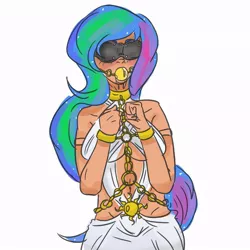 Size: 800x800 | Tagged: arms are chained to the collar, artist:thebittersweetprince, ballgag, blindfold, blushing, bondage, breasts, chains, clothes, collar, cuffs, derpibooru import, drool, female, femsub, gag, human, humanized, light skin, princess celestia, solo, sublestia, submissive, suggestive