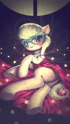 Size: 960x1704 | Tagged: safe, artist:frali, derpibooru import, silver spoon, earth pony, pony, blushing, clothes, dress, female, glasses, pixiv, side, solo, underhoof