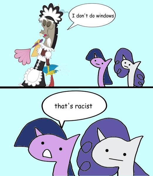 Size: 700x805 | Tagged: safe, artist:wollap, derpibooru import, discord, rarity, twilight sparkle, twilight sparkle (alicorn), alicorn, pony, clothes, comic, crossdressing, dialogue, duster, female, maid, maid discord, mare, racism, speech bubble, window