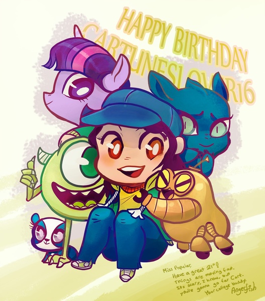 Size: 1253x1424 | Tagged: artist:angerfish, cartuneslover16, crossover, derpibooru import, happy birthday, human, littlest pet shop, mike wazowski, monsters inc., oc, penny ling, robot, robot and monster, robot default, safe, twilight sparkle