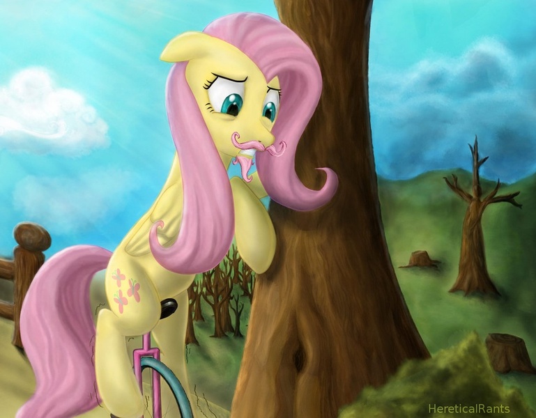 Size: 1119x873 | Tagged: artist:hereticalrants, derpibooru import, facial hair, fluttershy, goatee, moustache, riding, safe, solo, unicycle, warfstache