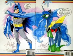 Size: 653x507 | Tagged: andy you magnificent bastard, artist:andypriceart, batman, con, crossover, dc comics, derpibooru import, human, i am the night, princess luna, robin, safe