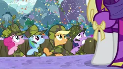 Size: 992x558 | Tagged: applejack, army, awkward, camouflage, clothes, confetti, derpibooru import, dragon quest, fluttershy, hat, mane six, observer, pinkie pie, rainbow dash, rarity, safe, screencap, twilight sparkle, varying degrees of want