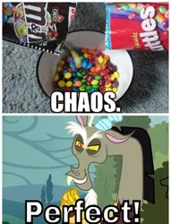 Size: 500x653 | Tagged: chaos, crossing the line twice, cute, derpibooru import, discord, discute, draconequus, edit, edited screencap, evil grin, first world anarchist, grin, male, m&m's, pure unfiltered evil, safe, screencap, skittles, smiling, solo, the return of harmony, why, xk-class end-of-the-world scenario