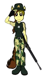 Size: 676x1183 | Tagged: anthro, anthro oc, artist:majikkumausuii, assault rifle, boots, derpibooru import, female, gun, katie buckswell, military, oc, pose, real gun, rifle, safe, sergeant, soldier, solo, unofficial characters only, weapon