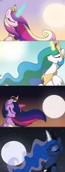 Size: 552x1446 | Tagged: safe, artist:faith-wolff, derpibooru import, princess cadance, princess celestia, princess luna, twilight sparkle, twilight sparkle (alicorn), alicorn, pony, alicorn tetrarchy, comic, female, magic, mare, moon, sun